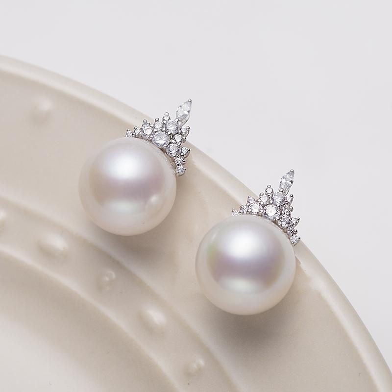 Gablily Snow Queen High Quality White Pearl Earrings: 11-12mm Freshwater 18K White Gold (ZPGY025)