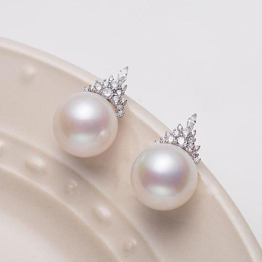 Gablily Snow Queen High Quality White Pearl Earrings: 11-12mm Freshwater 18K White Gold (ZPGY025)