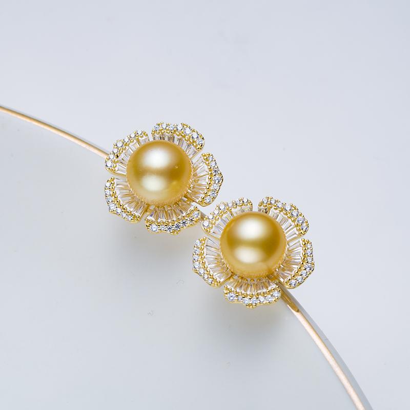 Peach Blossom Shape South Sea Gold Pearl Earrings ：9-10mm Seawater S925 silver (TSCY509)