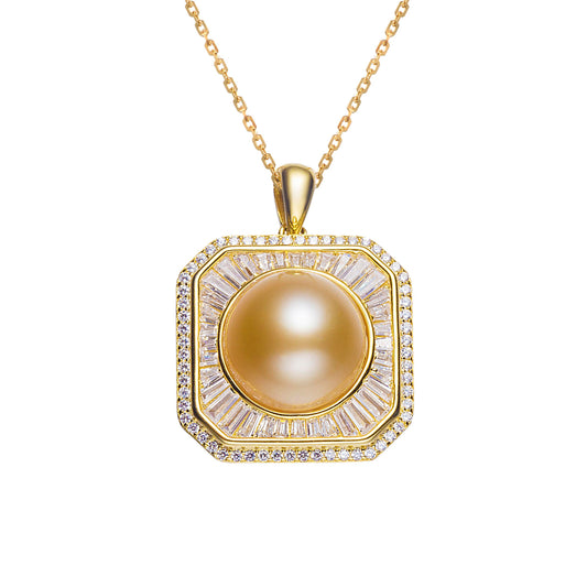 11-12mm South Sea Golden Seawater Pearl Square Pendant in S925 Silver by ANGEPERLE