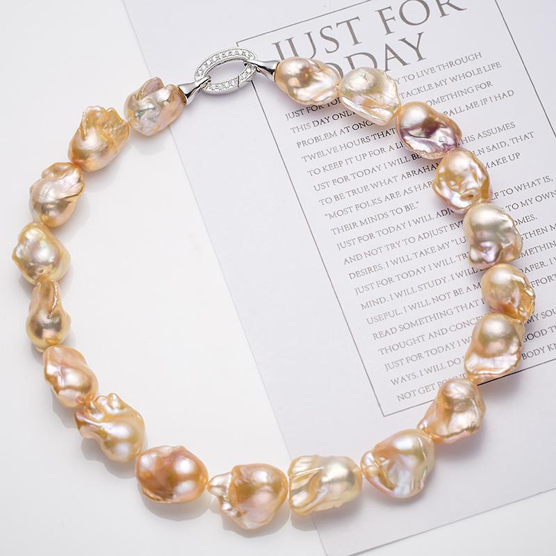 Silver Gold Candy Color Baroque Pearl Necklace：15-20mm Freshwater S925 Silver （tsjy040）