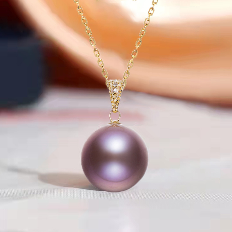 10-11mm Purple Culture Freshwater Edison Pearl 18K Solid Gold Pendant with Gold Plated Sterling Sliver Chain