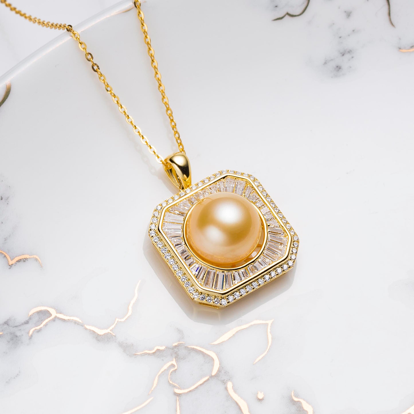 11-12mm South Sea Golden Seawater Pearl Square Pendant in S925 Silver by ANGEPERLE