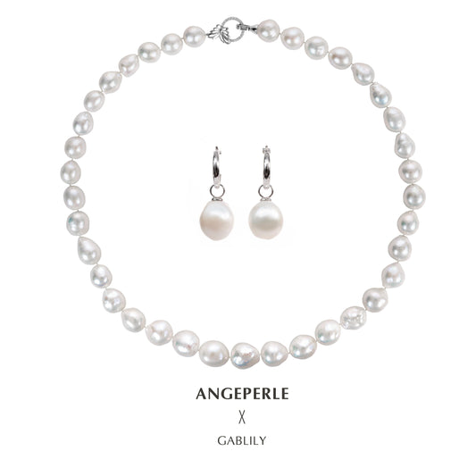 Gablily Baroque Earrings And Baroque Necklace Big Size, Pearl Set: Earrings 11-12mm/Necklace 11-13mm Freshwater S925 Silver (TSJCY298)