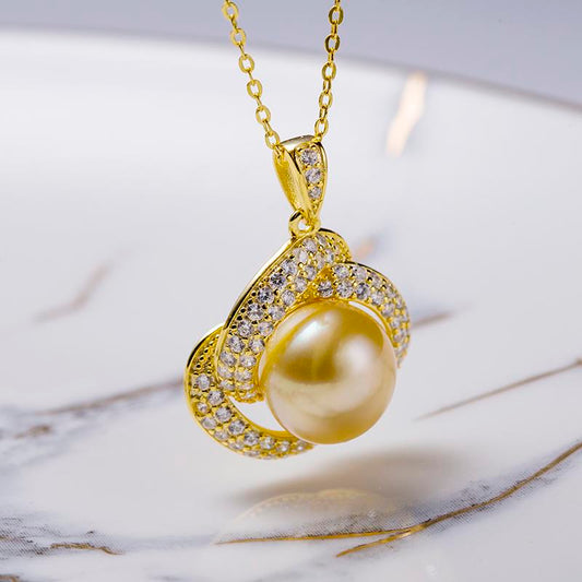 10-11mm Golden South Sea Cultured Seawater Pearl S925 Silver Circle of Happiness Pendant