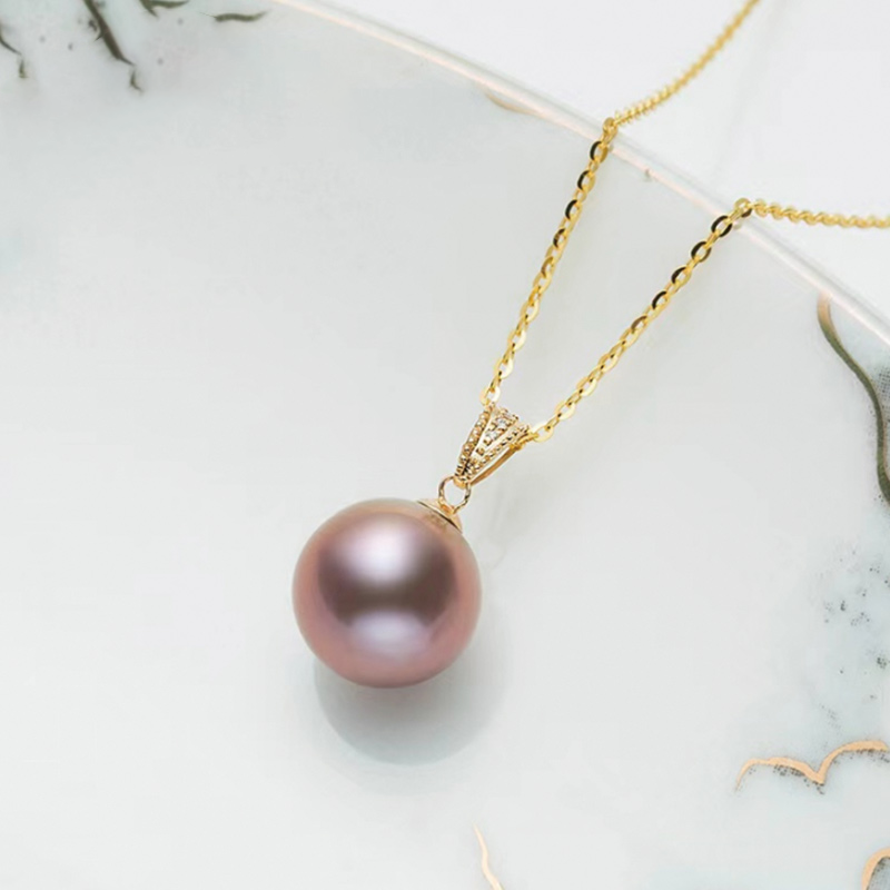 10-11mm Purple Culture Freshwater Edison Pearl 18K Solid Gold Pendant with Gold Plated Sterling Sliver Chain