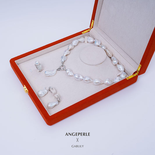 High Quality Baroque Four Piece Pearl Set: Necklace/Earrings 13-16mm, Rings 10-11mm Freshwater S925 Silver (tSjcy145)