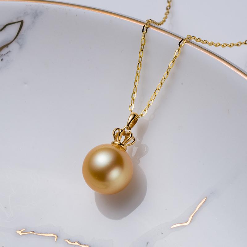 Crown Shape South Sea Golden Pearl Pendant Big Size High Quality: 11-12mm Seawater 18K Gold Clasp And Silver Chain (SZJY074)