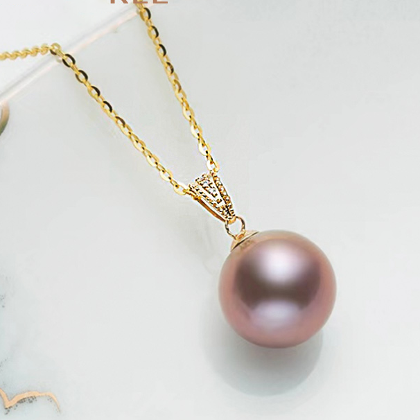 10-11mm Purple Culture Freshwater Edison Pearl 18K Solid Gold Pendant with Gold Plated Sterling Sliver Chain