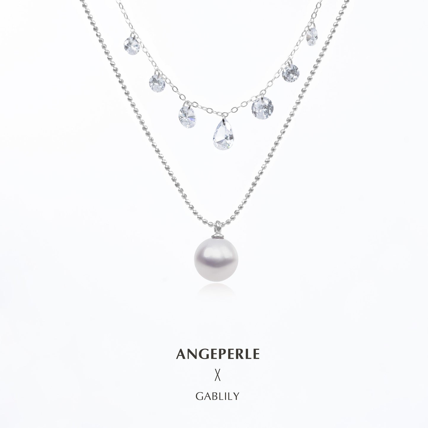 Gablily Double Pearl Pendant A Circle Of Sparkling Diamonds, A Circle Of Bean Chain: 9-10mm Freshwater S925 Silver (TSJCY183)