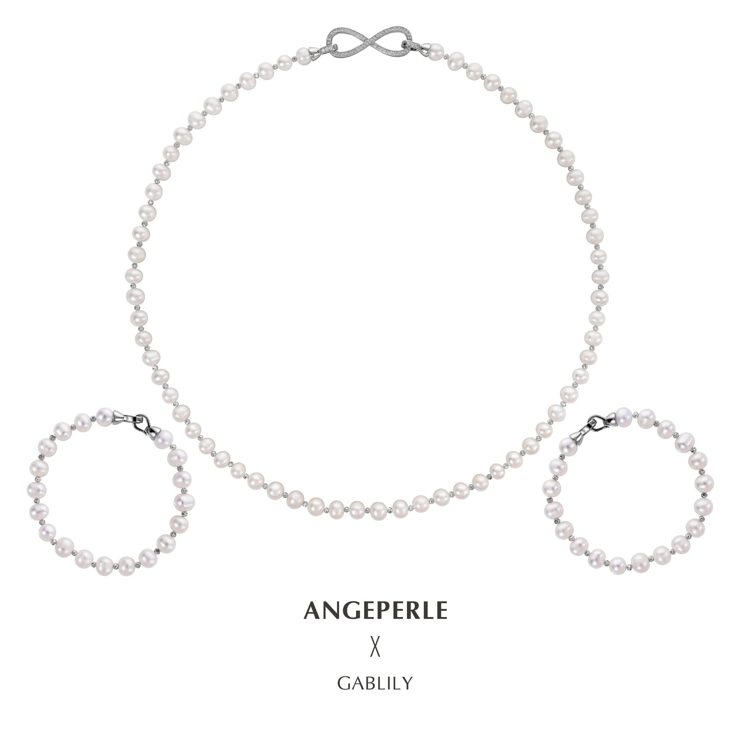 Figure 8 Clasp Pearl Necklace And Two Pearl Bracelets Length 95cm One Piece For Multiple Wears: 7-8mm Freshwater Alloy (TSAW041)