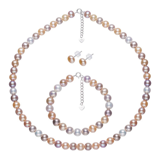 Candy Color Pearl Set, Necklace, Bracelet, Earrings：7-8mm Freshwater S925 Silver (TSZL117)