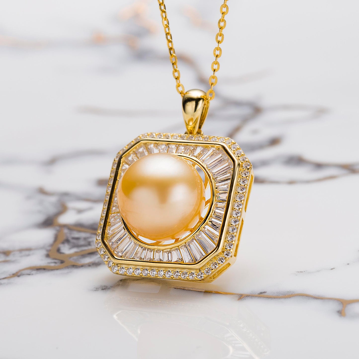 11-12mm South Sea Golden Seawater Pearl Square Pendant in S925 Silver by ANGEPERLE