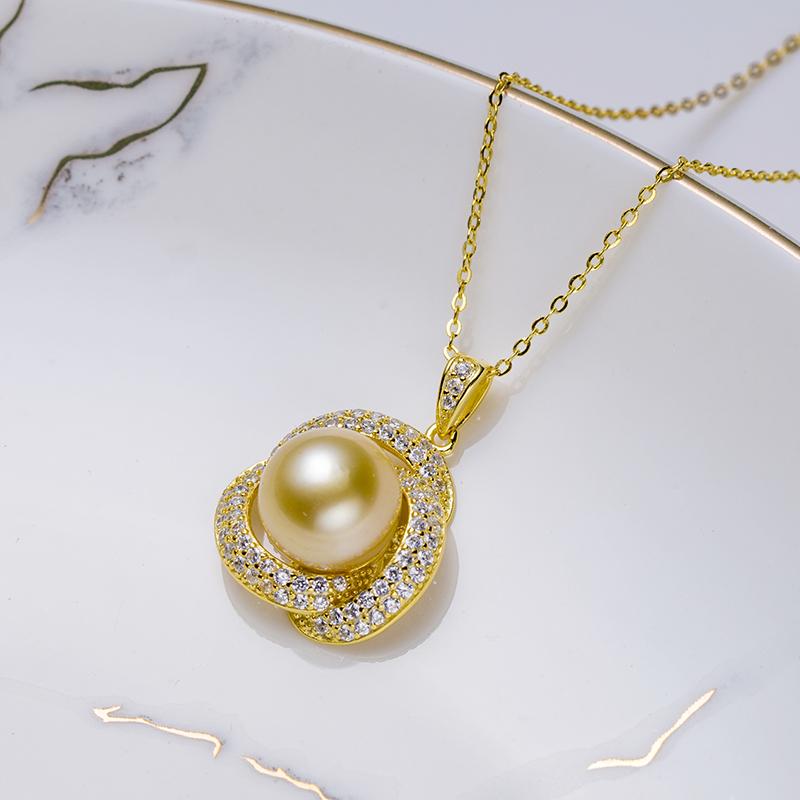 10-11mm Golden South Sea Cultured Seawater Pearl S925 Silver Circle of Happiness Pendant