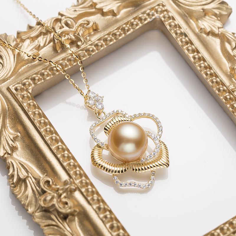 10-11mm South Sea Golden Pearl Floral S925 Silver Pendant by ANGEPERLE