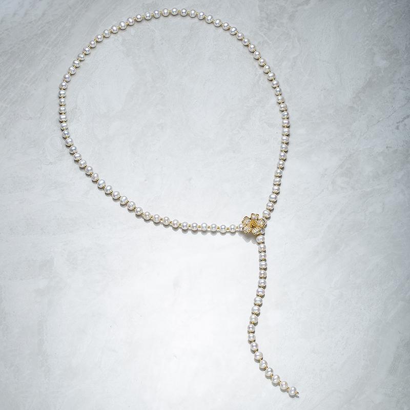 Golden Floral Sweater Chain Pearl Necklace 76-78cm：7-8mm Freshwater Alloy (TSAW004)