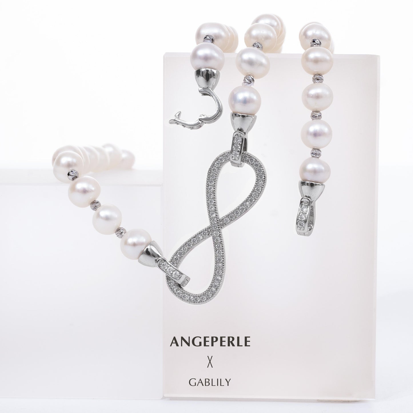 Figure 8 Clasp Pearl Necklace And Two Pearl Bracelets Length 95cm One Piece For Multiple Wears: 7-8mm Freshwater Alloy (TSAW041)