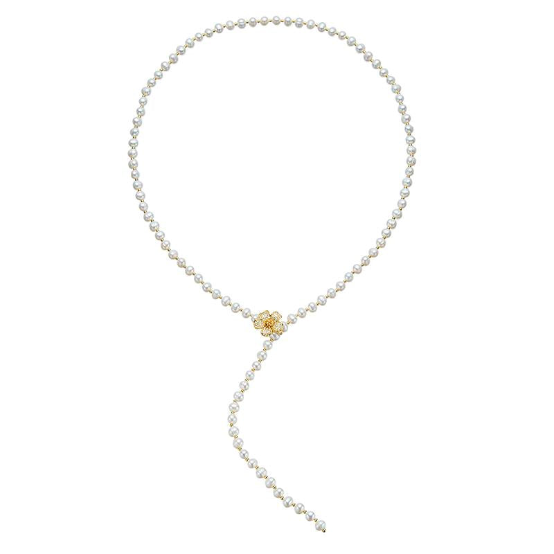 Golden Floral Sweater Chain Pearl Necklace 76-78cm：7-8mm Freshwater Alloy (TSAW004)