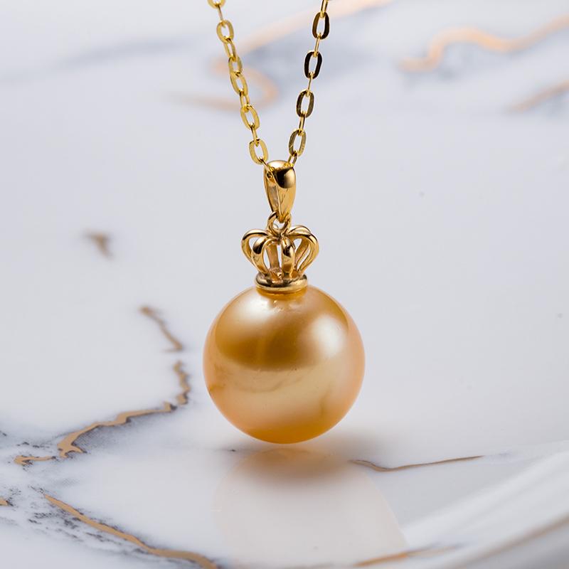 Crown Shape South Sea Golden Pearl Pendant Big Size High Quality: 11-12mm Seawater 18K Gold Clasp And Silver Chain (SZJY074)