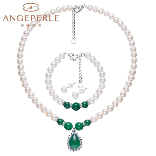 Green Chalcedony And Pearl Combination, Pearl Set For Necklace, Bracelet And Earrings: Necklace And Bracelet 7.5-8.5mm, Earrings 7-8mm Freshwater Alloy (TSZC004)