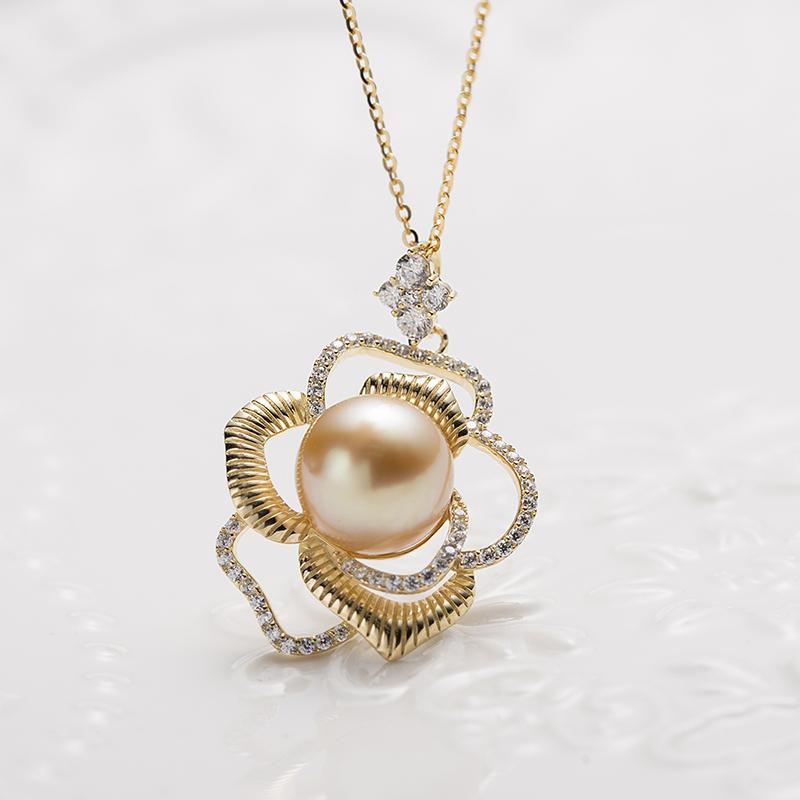 10-11mm South Sea Golden Pearl Floral S925 Silver Pendant by ANGEPERLE