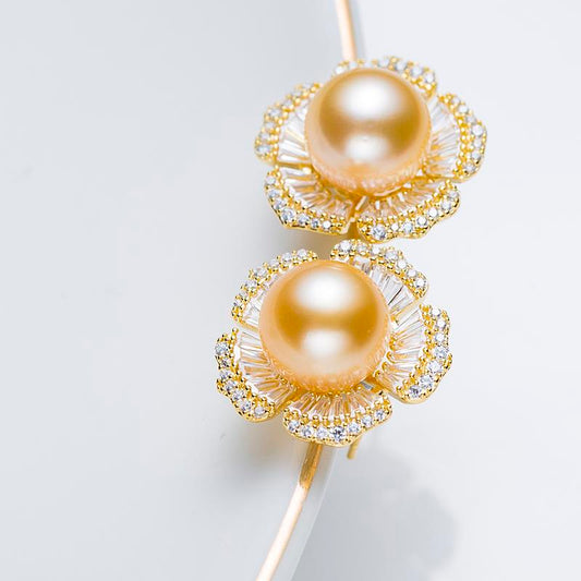 Peach Blossom Shape South Sea Gold Pearl Earrings ：9-10mm Seawater S925 silver (TSCY509)