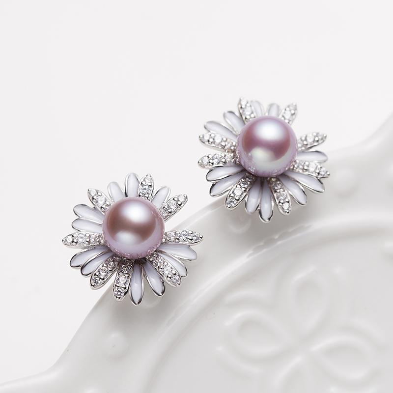 Silver Daisy Pearl Earrings : 6-7mm Freshwater S925 Silver (ZPSZ023)