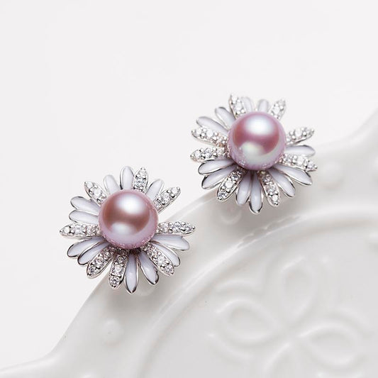 Silver Daisy Pearl Earrings : 6-7mm Freshwater S925 Silver (ZPSZ023)