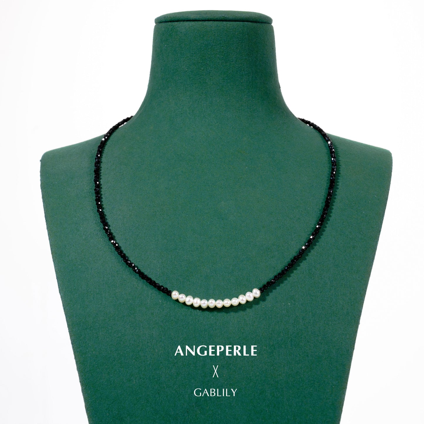 Gablily Baby Pearl Smile Pandent Black Spinel Necklace 43-45cm : 3-4mm Freshwater S925 Silver (TSYM096)