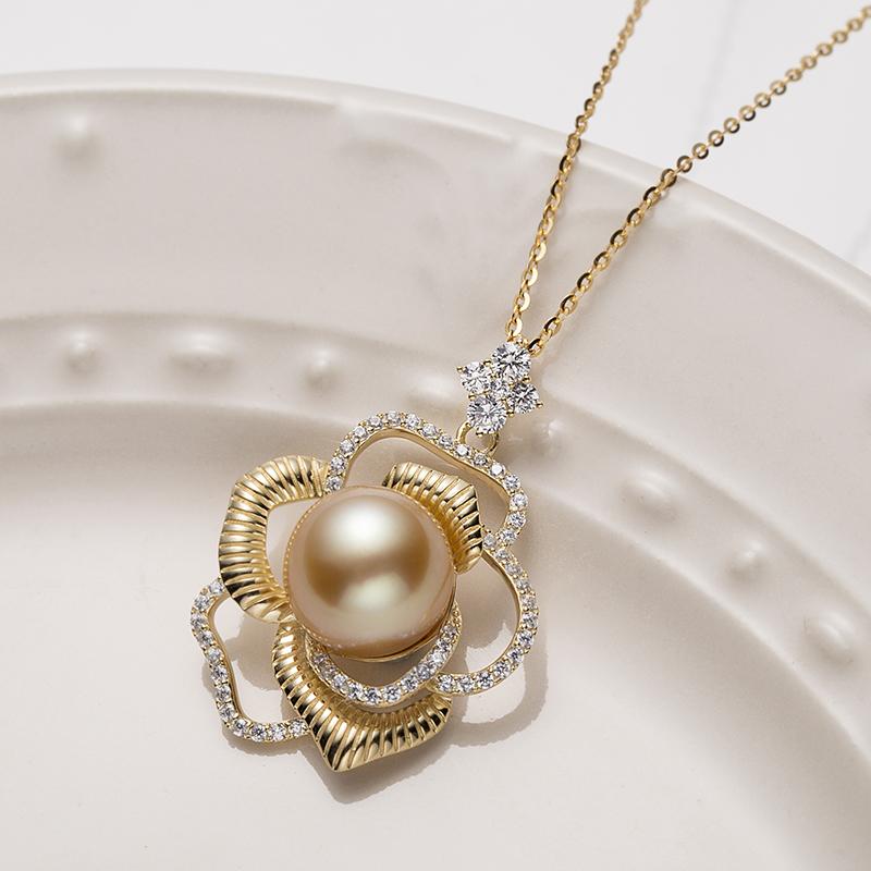 10-11mm South Sea Golden Pearl Floral S925 Silver Pendant by ANGEPERLE