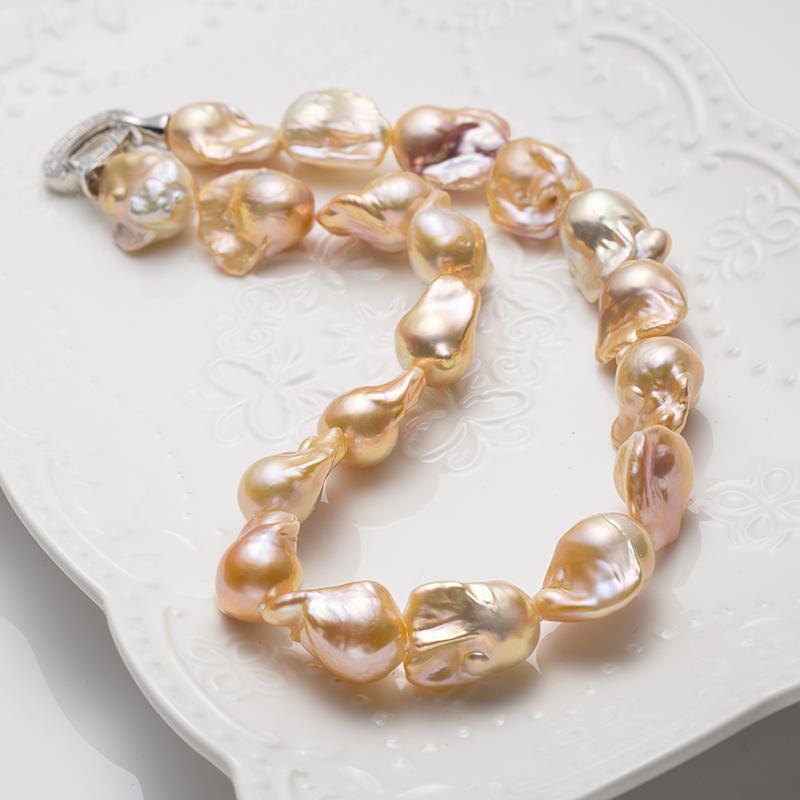 Silver Gold Candy Color Baroque Pearl Necklace：15-20mm Freshwater S925 Silver （tsjy040）