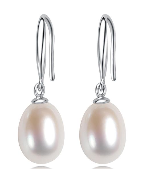 9-10mm White Cultured Freshwater Pearl Rhodium Over Sterling Sliver Dangle Earrings