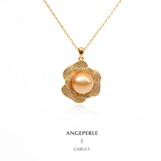 10-11mm Floral South Sea Golden Pearl Solitaire Pendant in S925 Silver by ANGEPERLE