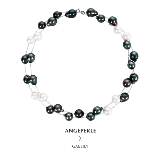 9-13mm Tahitian & Freshwater Baroque Long Pearl Tin Cup Necklace 32inch by ANGEPERLE