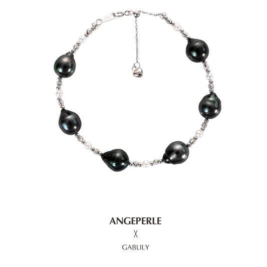 9-10mm Baroque Black Tahitian Pearl Tin Cup Bracelet by ANGEPERLE