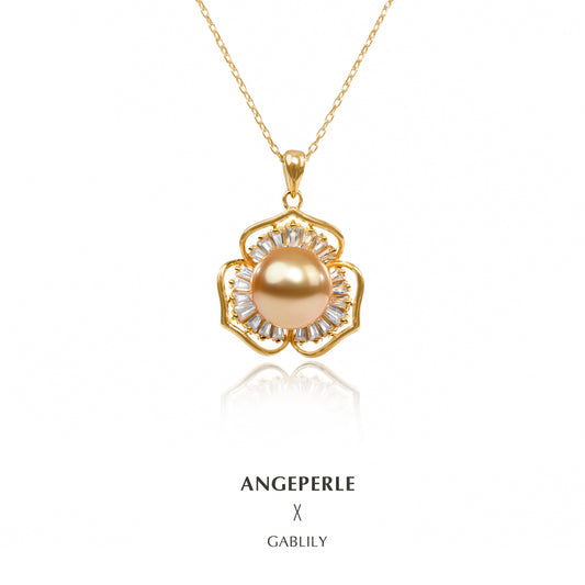 10-11mm Floral Blossom South Sea Golden Pearl Solitaire Pendant in S925 Silver by ANGEPERLE