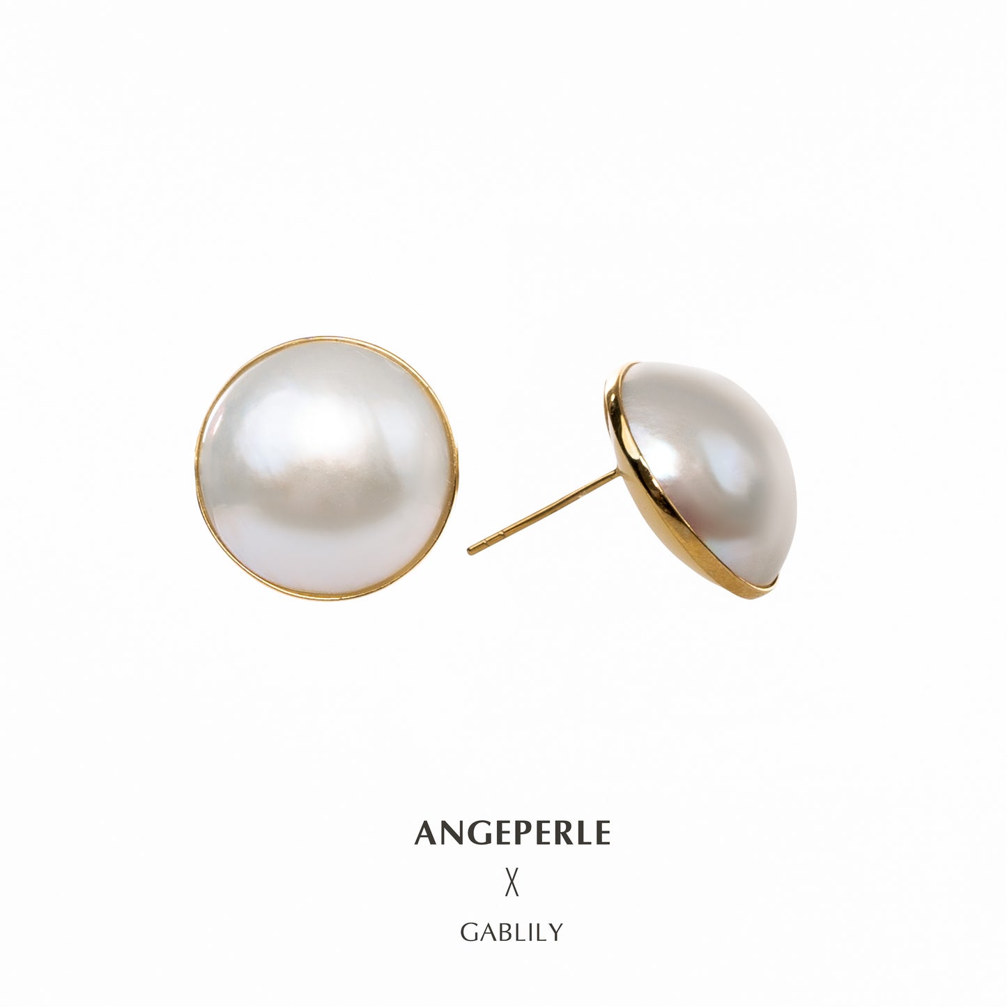 15-16mm White Cultured South Sea Mabe Pearl 18K Gold Stud Earrings by ANGEPERLE