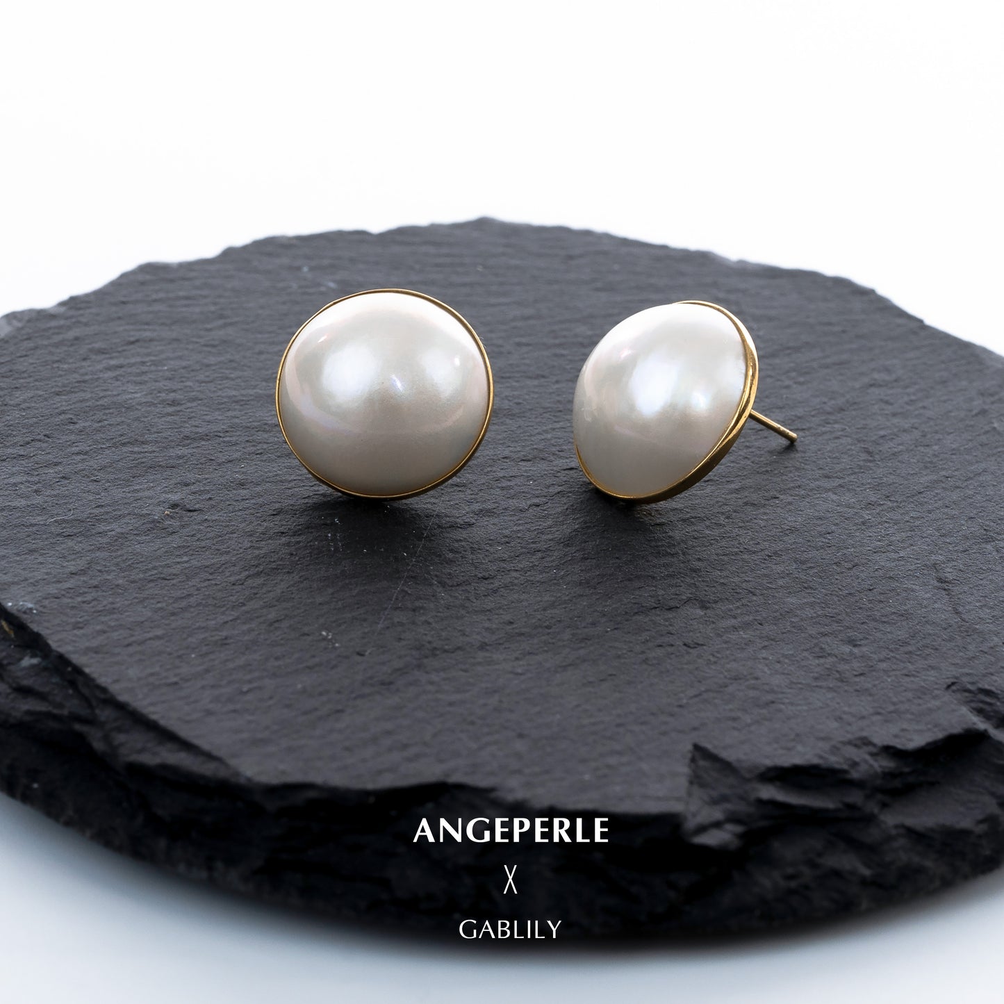 15-16mm White Cultured South Sea Mabe Pearl 18K Gold Stud Earrings by ANGEPERLE