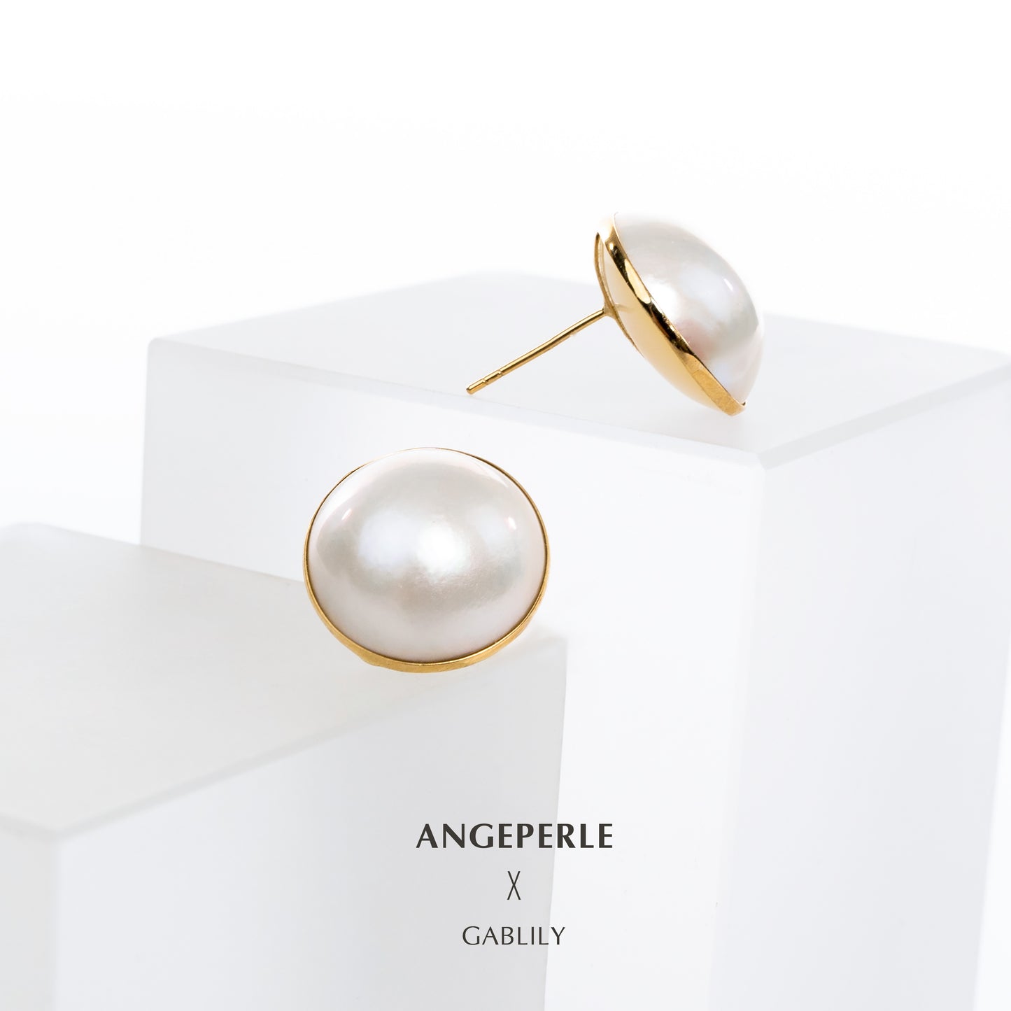 15-16mm White Cultured South Sea Mabe Pearl 18K Gold Stud Earrings by ANGEPERLE