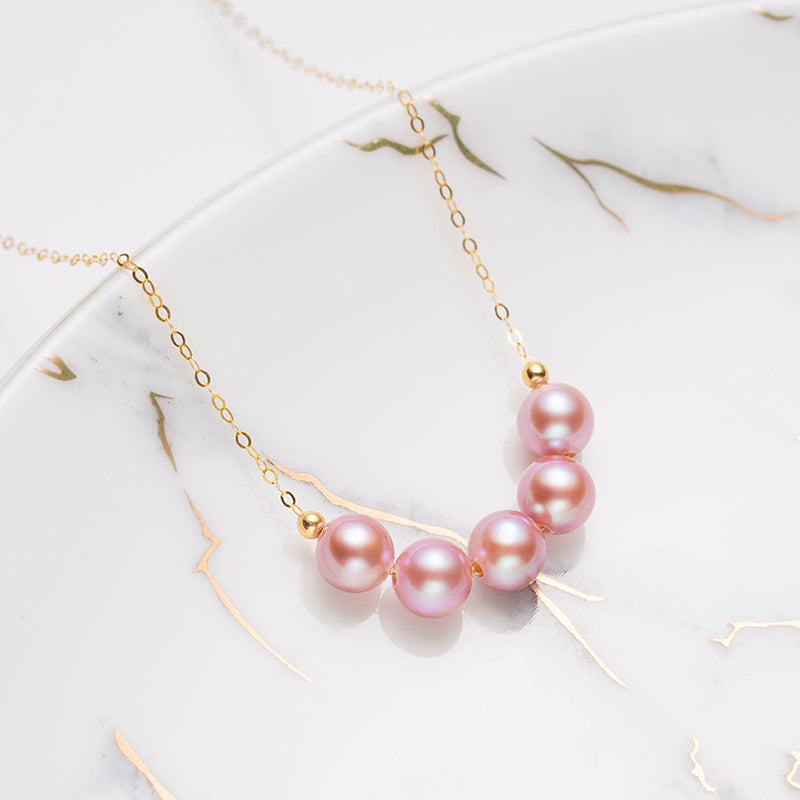 18K Gold Tin Cup Necklace with Flawless Round Lavender Freshwater Pearls, 6-7mm by ANGEPERLE