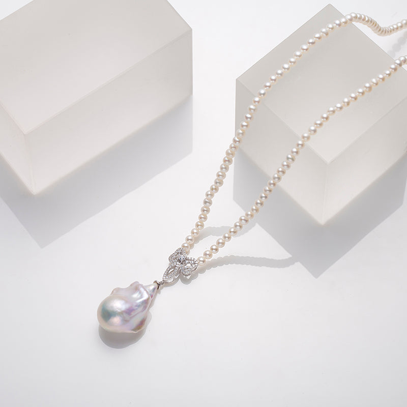 S925 Silver Baroque Pearl Pendant with Flawless 3.5-4mm Freshwater AK Pearls Necklace by ANGEPERLE