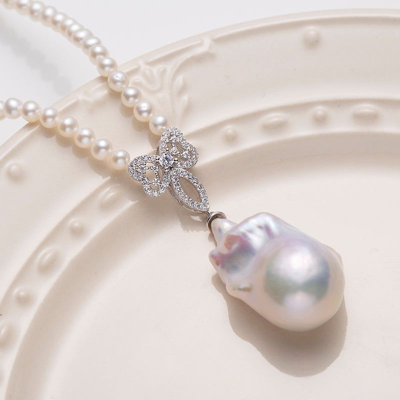 S925 Silver Baroque Pearl Pendant with Flawless 3.5-4mm Freshwater AK Pearls Necklace by ANGEPERLE