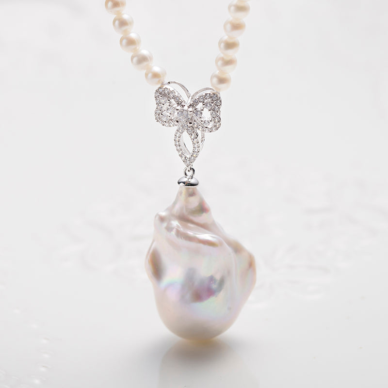 S925 Silver Baroque Pearl Pendant with Flawless 3.5-4mm Freshwater AK Pearls Necklace by ANGEPERLE