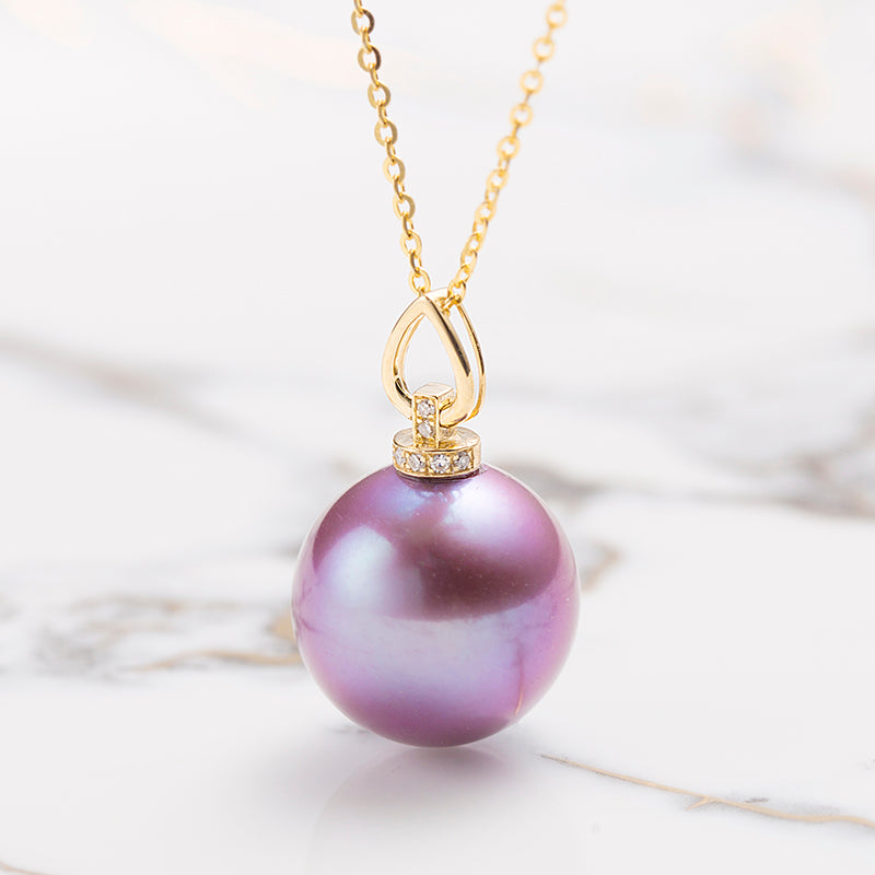 13-14mm Purple Cultured Freshwater Edison Pearl Solitaire Pendant with 18K Gold Diamond Clasp and S925 Sterling Silver Chain