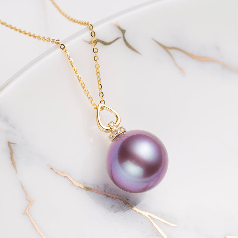 13-14mm Purple Cultured Freshwater Edison Pearl Solitaire Pendant with 18K Gold Diamond Clasp and S925 Sterling Silver Chain