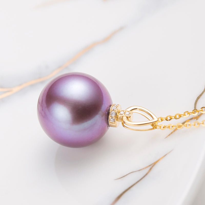 13-14mm Purple Cultured Freshwater Edison Pearl Solitaire Pendant with 18K Gold Diamond Clasp and S925 Sterling Silver Chain