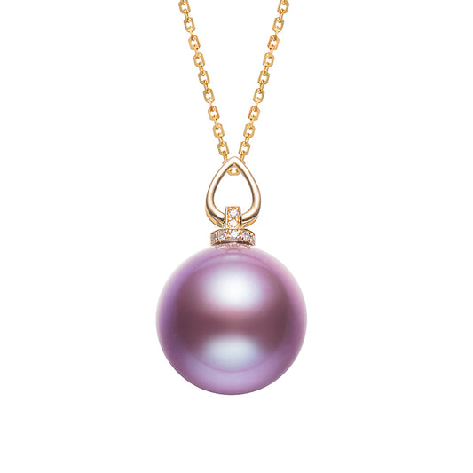 13-14mm Purple Cultured Freshwater Edison Pearl Solitaire Pendant with 18K Gold Diamond Clasp and S925 Sterling Silver Chain