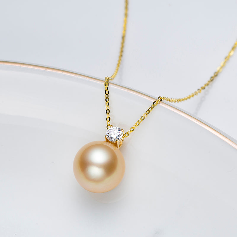 11-12mm Golden Cultured South Sea Pearl 18K Gold Diana Solitaire Pendant by ANGEPERLE