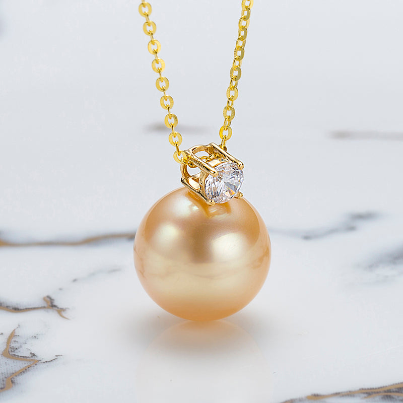 11-12mm Golden Cultured South Sea Pearl 18K Gold Diana Solitaire Pendant by ANGEPERLE