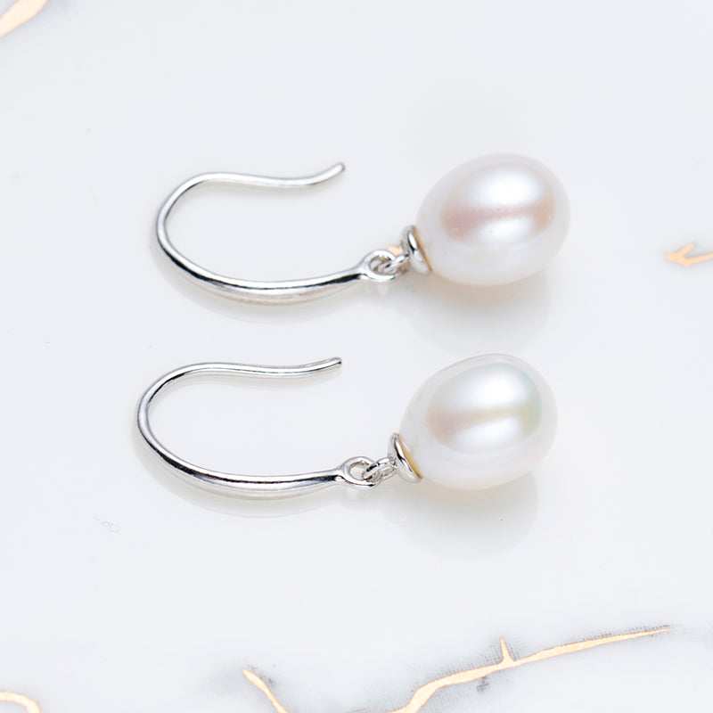 9-10mm White Cultured Freshwater Pearl Rhodium Over Sterling Sliver Dangle Earrings